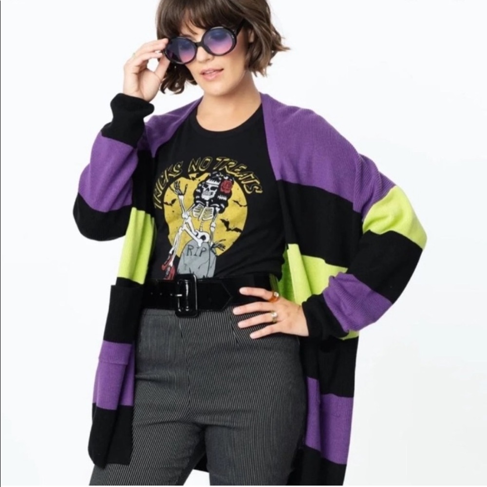 ISO Unique Vintage Black, Green, Purple Striped Halloween Cardigan Plus Size